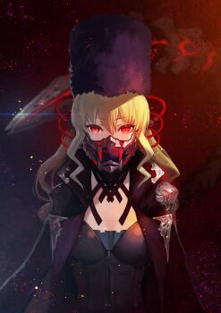 1girl black_jacket blonde_hair breasts code_vein commentary_request female_focus fur_hat hair_between_eyes hat highres jacket long_hair looking_at_viewer mask mia_karnstein mouth_mask nakamura_eight papakha red_eyes small_breasts solo tail