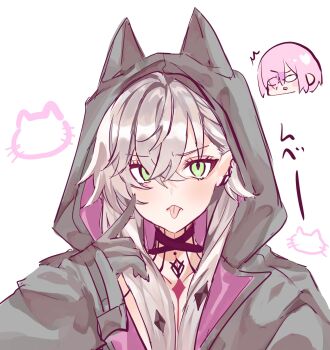 2girls black_jacket commentary_request fate/grand_order fate_(series) glasses green_eyes highres hood hoodie jacket kandatu lilith_(fate) lilith_(first_ascension)_(fate) looking_at_viewer mash_kyrielight multiple_girls neck_tattoo pink_hair short_hair tattoo twintails upper_body white_hair