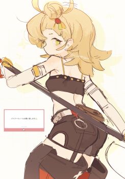 1girl black_shorts blonde_hair breasts commentary_request crop_top gloves green_eyes hair_bun highres long_hair looking_at_viewer midriff navel piper_wheel shorts simple_background siomimi small_breasts solo spiked_shirt zenless_zone_zero