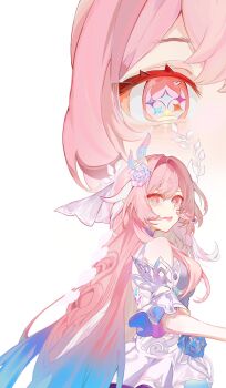 Rule 34 | 1girl, aqua hair, breasts, commentary, cyrene (demiurge) (honkai: star rail), cyrene (honkai: star rail), diamond-shaped pupils, diamond (shape), dress, eye focus, gradient hair, halo, highres, honkai: star rail, honkai (series), long hair, looking at viewer, maomavika, medium breasts, multicolored hair, multiple views, pink eyes, pink hair, simple background, symbol-shaped pupils, two-tone hair, untranslatable commentary, very long hair, white background, white dress