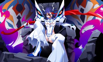 1girl absurdres highres kill_la_kill living_clothes mankanshoku_mako matoi_ryuuko multicolored_hair revealing_clothes scissor_blade_(kill_la_kill) solo suspenders sword thick_thighs thighs tlotro weapon