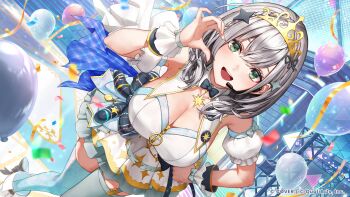 Rule 34 | 1girl, :d, absurdres, balloon, boots, breasts, cleavage, commentary request, concert, confetti, copyright name, detached sleeves, double-parted bangs, dress, gold tiara, green eyes, grey hair, half-heart hands, hand on own hip, headset, highres, hololive, hololive dreams, large breasts, layered dress, looking at viewer, medium hair, official alternate costume, official art, open mouth, puffy detached sleeves, puffy short sleeves, puffy sleeves, shirogane noel, short dress, short sleeves, sleeveless, sleeveless dress, smile, solo, teeth, thighhighs, upper teeth only, virtual youtuber, wavy hair, white boots, white thighhighs, wrist cuffs