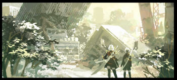 1boy 1girl 2b_(nier:automata) 9s_(nier:automata) bag black_border black_dress black_gloves black_thighhighs blindfold border building cityscape dress facing_away from_behind gloves hand_on_own_hip highres kaburagi_yasutaka kneehighs letterboxed long_sleeves nier:automata nier_(series) outside_border plant pod_(nier:automata) ruins scenery short_hair shorts socks standing sunlight sword thighhighs thighs tree virtuous_contract weapon white_hair wide_shot