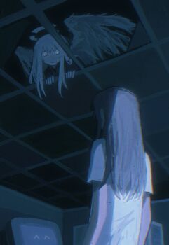 2girls angel angel_wings broken_halo ceiling chromatic_aberration commentary cyberseaurchin dark english_commentary expressionless feathered_wings halo highres hole_in_ceiling indoors long_hair looking_at_another multiple_girls original purple_hair short_sleeves white_eyes wings