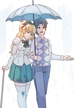 1boy 1girl 2020 argyle_clothes argyle_sweater_vest black_bow black_ribbon blonde_hair blue_skirt bow breasts brown_eyes brown_hair cane closed_eyes closed_mouth commentary dirty dirty_clothes green_skirt hair_ribbon holding holding_cane holding_umbrella katawa_shoujo locked_arms long_hair long_sleeves nakai_hisao official_alternate_costume open_mouth rain ribbon rtil satou_lilly school_uniform shared_umbrella shirt short_hair skirt smile sweater_vest thighhighs umbrella white_shirt white_thighhighs yamaku_high_school_uniform