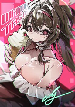 1girl absurdres animal_ear_fluff animal_ears bare_shoulders blurry blurry_background breasts brown_hair cleavage closed_mouth collar collarbone commentary cross-laced_clothes cross-laced_top droopy_ears english_commentary english_text food frilled_collar frilled_shirt frilled_shirt_collar frills hairband highres holding holding_food holding_ice_cream ice_cream ice_cream_cone large_breasts long_hair looking_at_viewer marttkim00 multicolored_hairband official_alternate_costume pink_background red_background red_eyes red_hairband ringed_eyes shirt smile solo sparkle two-tone_background white_hairband white_shirt ye_shunguang ye_shunguang_(touch_of_dawnlight) zenless_zone_zero