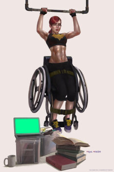 1girl abs barbara_gordon batman_(series) biceps book closed_eyes computer crop_top cup dc_comics female_focus fingerless_gloves glasses gloves highres laptop midriff miguel_mercado mug navel oracle oracle_(dc) red_hair shoes sneakers solo stomach strap toned wheelchair
