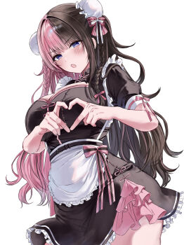 Rule 34 | 1girl, :o, absurdres, alternate breast size (larger), apron, black hair, blue eyes, blunt bangs, blush, braid, breasts, bun cover, chinese clothes, cleavage cutout, clothing cutout, commentary request, cowboy shot, double bun, dress, embarrassed, four-finger heart hands, frilled dress, frills, hair bun, heart, heart hands, highres, light blush, long hair, looking at viewer, maid, mandarin collar, multicolored hair, open mouth, pink hair, puffy short sleeves, puffy sleeves, qi maid, short dress, short sleeves, side braids, side up bun, simple background, solo, split-color hair, tachibana hinano, two-tone hair, underbust, virtual youtuber, vspo!, waist apron, white apron, white background, ya ta