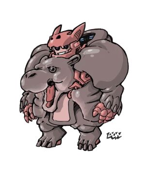 beast_wars black_sclera blue_eyes chibi colored_sclera don_allan_figueroa highres mecha mecha_focus mechanization moo_deng no_humans parted_lips real_life robot simple_background smile transformers white_background