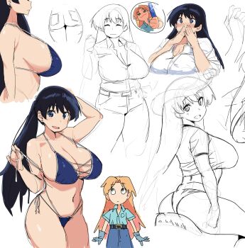 2girls arato_nagi bare_shoulders bikini black_hair blonde_hair blue_bikini blue_eyes blue_gem blush breasts cleavage collarbone curvy denim denpatou gem green_eyes heart heart-shaped_pupils highres huge_breasts jeans long_hair looking_at_viewer multiple_girls navel official_alternate_costume pants ruri_no_houseki shirt side-tie_bikini_bottom sideboob smile stomach swimsuit symbol-shaped_pupils tanigawa_ruri thick_thighs thighs wide_hips