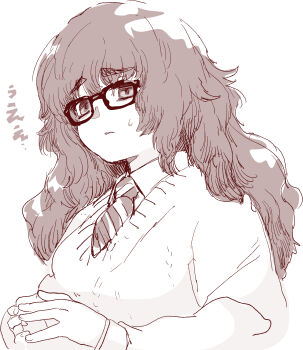1girl absurdres brown_theme glasses highres jimiko long_hair monochrome necktie original own_hands_together ropioka sketch solo sweatdrop sweater thick_eyebrows white_background