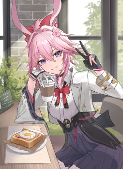 1girl absurdres animal_ears asymmetrical_gloves black_gloves bow bowtie bread bread_slice breasts brick_wall cafe collared_shirt commentary_request cup disposable_coffee_cup disposable_cup egg_(food) elbow_rest evanescia_(honkai:_star_rail) food fox_ears fox_girl gloves hair_between_eyes hair_intakes hair_ornament highres holding holding_cup honkai:_star_rail honkai_(series) indoors jacket looking_at_viewer medium_breasts partially_fingerless_gloves pink_hair plate purple_eyes red_bow red_bowtie shirt short_hair_with_long_locks sitting skirt smile solo toast v white_gloves white_jacket white_shirt yoke_(yoke_mochi)