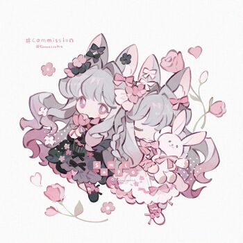 2girls animal_ear_fluff animal_ears black_dress black_shoes bright_pupils closed_eyes closed_mouth commission dress flower full_body grey_hair heart highres holding holding_stuffed_toy kanae_(cookie) long_hair long_sleeves looking_at_viewer multiple_girls original pink_eyes pink_flower pink_tulip rabbit_ears rabbit_girl sample_watermark shoes simple_background smile stuffed_animal stuffed_rabbit stuffed_toy tulip twitter_username watermark white_background white_dress white_pupils white_shoes