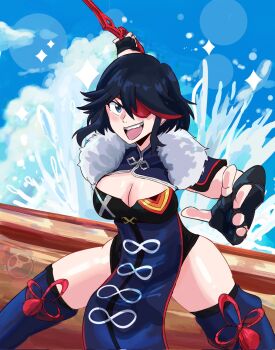 beidou_(genshin_impact) beidou_(genshin_impact)_(cosplay) blue_hair blue_sky boat breasts cleavage cloud cloudy_sky cosplay deanialsart eyepatch fingerless_gloves fur_trim genshin_impact gloves highres kill_la_kill koshimizu_ami large_breasts lens_flare matoi_ryuuko open_mouth red_hair sky splashing sword thighhighs thighs voice_actor_connection water watercraft watermark weapon