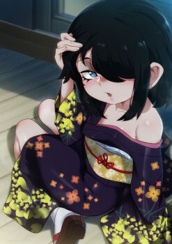 1girl alternate_costume black_hair black_kimono blush child commentary english_commentary flat_chest grey_eyes hair_over_one_eye hand_on_own_head highres indoors japanese_clothes jcm2 kimono looking_at_viewer lucy_loud off_shoulder open_mouth sandals sash sitting socks solo spanish_commentary the_loud_house yellow_sash