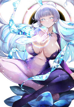 1girl absurdres alternate_breast_size_(larger) blue_eyes blue_hair bodysuit breasts colored_eyelashes colored_inner_hair commentary earrings goddess_of_victory:_nikke highres huge_breasts indian_style jewelry long_hair multicolored_bodysuit multicolored_hair navel nayuta_(nikke) nayuta_(wu_wei)_(nikke) official_alternate_costume parted_lips sitting solo space_skin split-color_clothes sun_0205 two-tone_bodysuit two-tone_hair unusually_open_eyes very_long_hair white_eyelashes white_hair