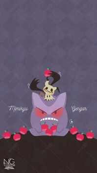 apple claws closed_mouth colored_sclera commentary food frown fruit gen_1_pokemon gengar ghost highres holding holding_food holding_fruit meme_(sleepsheep) nintendo no_humans on_head open_mouth pokemon pokemon_(creature) pokemon_focus pokemon_on_head red_eyes red_sclera sitting symbol-only_commentary teeth