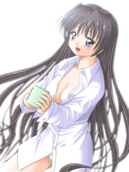 1girl archived_source black_hair bloom blue_eyes blush breasts buttons cleavage collarbone collared_shirt commentary_request cowboy_shot cup dated_commentary dress_shirt dutch_angle eyelashes holding holding_cup keito_(keito-ya) long_hair long_sleeves medium_breasts mug open_mouth original partially_open_shirt shirt side_slit sleeve_cuffs solo straight_hair tongue unbuttoned unbuttoned_shirt very_long_hair white_background white_shirt white_sleeves wing_collar