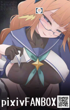 1girl aqua_bow aqua_neckerchief arm_up black-framed_eyewear black_background black_gloves black_leotard black_thighhighs blue-framed_eyewear blue_archive blue_eyes blue_sailor_collar blue_shrug blue_trim blunt_bangs blush bow braid breasts commentary_request covered_collarbone covered_erect_nipples covered_navel diamond_hair_ornament evil_smile fanbox_logo fang feather_hair frilled_thigh_strap garter_straps glasses gloves groin hair_intakes hair_ornament half_gloves hand_on_another&#039;s_chest hand_up highleg highleg_leotard highres large_breasts leotard lifting_own_clothes long_hair long_sleeves looking_at_viewer low_twin_braids neckerchief nipples official_alternate_costume open_mouth orange_hair paid_reward_available qr_code riding_crop sae_fox sailor_collar semi-rimless_eyewear shimiko_(blue_archive) shimiko_(magical)_(blue_archive) shrug_(clothing) sideboob sideless_leotard sidelocks simple_background sitting sitting_on_person skin_fang sleeves_past_wrists smile soles solo super_highleg sweat thigh_strap thighhighs thighs twin_braids under-rim_eyewear watermark white_trim