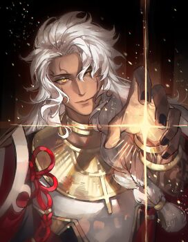 1boy absurdres black_nails body_markings braid chinese_commentary commentary_request dark-skinned_male dark_skin facial_mark fate/grand_order fate_(series) hair_between_eyes highres jewelry long_hair looking_at_viewer male_focus neck_ring shirt smile solo solomon_(fate) upper_body weimingweiran white_hair yellow_eyes