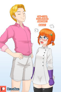 1boy 1girl absurdres blonde_hair blush dee_dee dexter&#039;s_laboratory dexter_(dexter&#039;s_laboratory) english_text genderswap genderswap_(ftm) genderswap_(mtf) highres orange_hair pink_shirt rudy_saki shirt