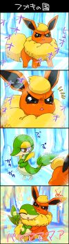 4koma black_eyes blush brown_eyes comic flareon furry gen_1_pokemon gen_5_pokemon highres hug japanese_text nintendo pokemon pokemon_conquest smile snivy tail