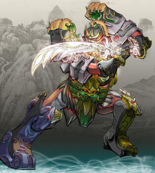 arm_guards armor dairenoh fighting_stance gattai gloves gosei_sentai_dairanger helmet holding holding_sword holding_weapon machine machinery mecha mecha_focus midnight_(tonein) mighty_morphin_power_rangers no_humans power_rangers robot super_robot super_sentai sword thunder_megazord tokusatsu weapon