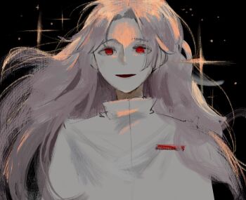 1boy black_background chinese_commentary commentary_request hatsutori_hajime highres long_hair looking_at_viewer male_focus open_mouth parted_bangs pink_hair red_eyes saibou_shinkyoku shirt smile solo sparkle star_(sky) upper_body vihua6 white_shirt