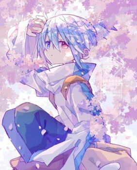 1boy arm_up blue_eyes blue_hair blue_pants cherry_blossoms commentary feet_out_of_frame futaba969649 hair_between_eyes heterochromia high_collar jacket knees_up long_sleeves male_focus pants parted_lips puyopuyo red_eyes short_hair sig_(puyopuyo) sitting solo symbol-only_commentary watermark white_jacket