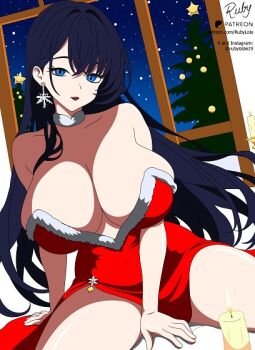 bad_tag bed blue_eyes blue_sky breasts brunette_hair_female candle candlelight candlestand christmas christmas_dress christmas_ornaments christmas_star christmas_tree dress earrings jewelry lipstick long_hair makeup necklace original red_dress ruby_sosa rubylola sky snow snow_earring white_sheet window