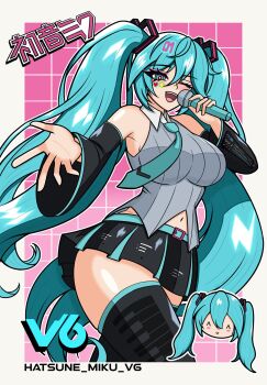1girl ^_^ aqua_belt aqua_eyes aqua_hair aqua_necktie aqua_trim armpits bare_shoulders belt black_skirt black_sleeves blush blush_stickers border breasts character_name chibi chibi_inset closed_eyes collar cowboy_shot detached_sleeves dxrkmonarch grid_background hair_between_eyes hair_ornament hatsune_miku hatsune_miku_(vocaloid6) heart heart_hair_ornament highres holding holding_microphone large_breasts long_hair microphone miniskirt navel necktie one_eye_closed open_mouth piano_print pleated_skirt shirt simple_background skirt smile striped_clothes striped_shirt taut_clothes taut_shirt teeth thighhighs tie_clip twintails vertical-striped_clothes vertical-striped_shirt very_long_hair vocaloid white_border white_collar wide_sleeves wing_collar wireless_microphone zettai_ryouiki