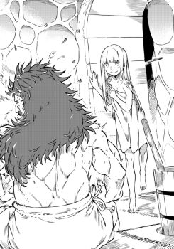 2boys closed_mouth dithering dungeon_ni_deai_wo_motomeru_no_wa_machigatteiru_darou_ka dwarf finn_deimne gareth_landrock greyscale haimura_kiyotaka highres long_hair looking_at_another male_focus monochrome multiple_boys naked_towel novel_illustration official_art sauna sauna_bucket sauna_ladle sitting smile sweat sword_oratoria third-party_source topless_male towel trap