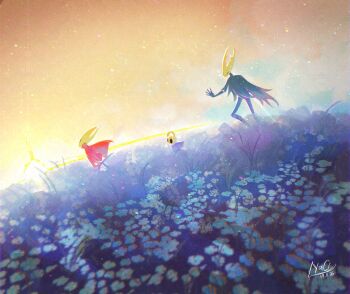 1girl 2boys arthropod_boy arthropod_girl black_skin blue_flower cloak colored_skin commentary day english_commentary field flower flower_field flying_sweatdrops from_side grey_cloak height_difference highres hollow_eyes hollow_knight hollow_knight_(character) horned_mask hornet_(hollow_knight) knight_(hollow_knight) light_particles mask multiple_boys na_chloridee outdoors red_cloak running siblings sunset white_mask wide_shot