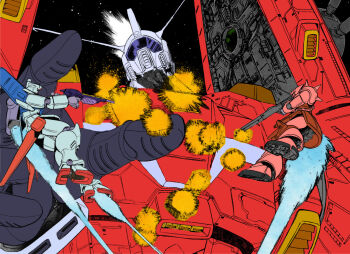 assault_rifle battle blue_fire company_connection densetsu_kyojin_ideon explosion fire firing gun gundam gundam_vs._giant_god:_counterattack_of_gigantis gyakushuu_no_gigantis hasegawa_yuuichi helmet holding holding_weapon ideon jetpack machinery mecha mecha_focus mega_zeta_gundam no_humans rifle robot space sunrise suzaku_(mobile_suit) weapon