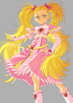 1girl bag_bow blonde_hair bow bowtie brooch capelet closed_mouth dress earrings feather-trimmed_dress feet_out_of_frame frilled_arm_warmers frilled_leg_warmers futari_wa_precure futari_wa_precure_max_heart gold_earrings green_eyes grey_background hair_bow hair_ornament hand_on_own_hip heart heart_brooch heart_earrings heart_hair_ornament highres jewelry jj_(ssspulse) kujou_hikari leg_warmers light_frown long_hair looking_at_viewer magical_girl medium_dress messy_hair outstretched_hand pink_bag pink_bow pink_capelet pink_dress precure ribbon serious shiny_luminous simple_background solo standing twintails v-shaped_eyebrows very_long_hair waist_ribbon white_arm_warmers white_bow white_bowtie white_leg_warmers yellow_ribbon