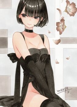 1girl arms_at_sides artist_name black_collar black_eyes black_hair breasts cleavage closed_mouth collar collarbone cowboy_shot dress falling_petals flower from_side hashtag-only_commentary looking_to_the_side marker_(medium) meeya no_panties original petals short_hair side_slit sitting sleeveless sleeveless_dress smile solo traditional_media wispy_bangs