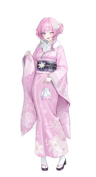 1girl absurdres alternate_costume alternate_hairstyle bag breasts commentary cyrene_(honkai:_star_rail) cyrene_(ripples_of_past_reverie)_(honkai:_star_rail) fingernails full_body fur-trimmed_kimono fur_trim hand_up highres holding holding_bag honkai:_star_rail honkai_(series) japanese_clothes kimono light_blush long_sleeves looking_at_viewer medium_breasts medium_hair nail_polish obi one_eye_closed open_mouth pink_eyes pink_hair pink_kimono pink_nails sash sicle simple_background smile solo symbol-only_commentary white_background wide_sleeves