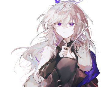 1girl ahoge arknights black_dress blue_eyes collared_dress commentary_request cosmetics dress fumi_(rdbm) fur-trimmed_jacket fur_trim hair_between_eyes hand_up highres holding holding_lipstick_tube jacket jacket_partially_removed lipstick_tube long_hair long_sidelocks looking_at_object one-hour_drawing_challenge parted_lips sidelocks simple_background single_bare_shoulder solo upper_body vambraces vannini_(arknights) white_background white_hair