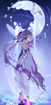 1girl absurdres backless_outfit beibeishanfeng broken_moon bug butterfly castorice_(honkai:_star_rail) chinese_commentary commentary_request dress elbow_gloves facing_away flower full_body gloves high_heels highres honkai:_star_rail honkai_(series) insect long_hair looking_at_viewer looking_back moon outdoors pantyhose purple_butterfly purple_dress purple_flower purple_gloves purple_hair purple_sky single_glove sky solo tiara two-tone_dress very_long_hair walking white_dress white_pantyhose