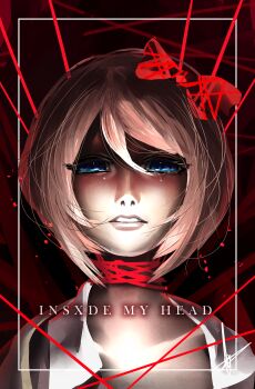 1girl absurdres blue_eyes bow brown_hair commentary crying doki_doki_literature_club english_commentary english_text hair_between_eyes hair_bow hannah_santos highres merchandise_available official_art parted_lips portrait red_bow sayori_(doki_doki_literature_club) second-party_source short_hair solo spoilers string string_of_fate tears