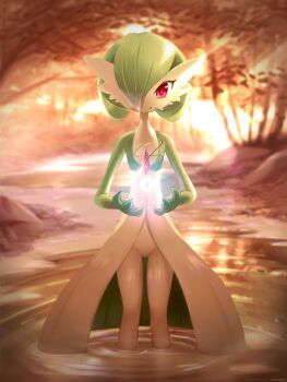 Rule 34 | 1girl, absurdres, ancesra, artist name, blurry, blurry background, bob cut, closed mouth, colored skin, female focus, flat chest, floating, floating object, forest, gardevoir, gen 3 pokemon, glowing, green skin, hair over one eye, hands up, happy, highres, jewelry, light rays, mega stone, multicolored skin, nature, necklace, nintendo, outdoors, partially submerged, patreon username, pokemon, pokemon (creature), red eyes, ripples, short hair, smile, solo, standing, straight-on, stream, sunlight, sunset, tree, two-tone skin, wading, water, watermark, web address, white skin