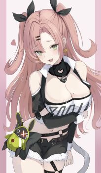 1girl amillion_(zenless_zone_zero) arm_under_breasts bangboo_(zenless_zone_zero) bare_shoulders black_ribbon black_shorts blush breasts cleavage clothing_cutout commentary cowboy_shot cutoffs earrings fur-trimmed_shorts fur_trim green_eyes hair_ornament hairclip heart heart_earrings heart_necklace highres jewelry large_breasts looking_at_viewer micro_shorts midriff mole mole_on_breast mole_on_thigh mole_under_eye navel necklace nicole_demara open_mouth pink_background pink_hair ribbon shorts shoulder_cutout solo strapless stuffed_toy tamamorh tube_top two_side_up white_tube_top zenless_zone_zero