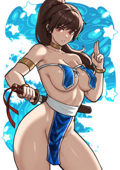 1girl armlet bracelet breasts brown_hair choker cleavage collarbone cowboy_shot dead_or_alive gold_armlet gold_bracelet high_ponytail highres holding holding_sword holding_weapon jewelry kasumi_(doa) kuji-in large_breasts long_hair looking_at_viewer navel parted_lips pelvic_curtain ponytail red_eyes redjet scabbard sheath solo stomach sword sword_on_back wakizashi weapon weapon_on_back