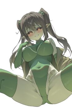 1girl absurdres bare_shoulders black_hair blush breasts brown_eyes colored_skin commentary commission covered_navel elbow_gloves english_commentary feet_out_of_frame fingerless_gloves gloves green_gloves green_jacket green_leotard green_skin green_thighhighs hair_between_eyes hair_ornament highres jacket jaeyun5407 large_breasts leotard long_hair looking_at_viewer looking_down open_clothes open_jacket original parted_lips pointy_ears pom_pom_(clothes) pom_pom_hair_ornament sidelocks simple_background solo spread_legs teeth thighhighs thighs twintails white_background
