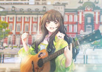 1girl :d acoustic_guitar animification blurry blurry_background brown_hair collarbone commentary_request green_jacket guitar highres holding holding_guitar holding_instrument instrument jacket kan_kanna l9525 long_hair looking_at_viewer open_clothes open_jacket open_mouth outdoors real_life see-through_clothes see-through_jacket shirt smile solo sticker teeth three-quarter_sleeves upper_body upper_teeth_only voice_actor white_shirt