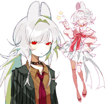 1girl ^_^ absurdres alternate_costume alternate_hair_length alternate_hairstyle back_ribbon black_choker blush bow brown_shirt camisole choker closed_eyes closed_mouth collared_shirt colored_inner_hair commentary english_commentary expressionless faust_(nonsensemanna) fish_skeleton_hair_ornament footwear_bow grey_hair grey_jacket highres index_finger_raised jacket jewelry lapels layered_skirt light_blush long_hair long_sleeves low_ponytail multicolored_hair multiple_views necklace no_nose nonsensemanna notched_lapels off-shoulder_shirt off_shoulder open_mouth original over-kneehighs pink_bow pink_camisole pink_shirt pink_shoes pink_socks ponytail puffy_long_sleeves puffy_sleeves red_bow red_eyes ribbon shirt shoes short_hair skirt smile socks spaghetti_strap spiked_choker spikes star_(symbol) striped_clothes striped_jacket thighhighs vertical-striped_clothes vertical-striped_jacket white_background white_ribbon white_skirt