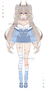 1girl absurdres adoptable blue_choker blue_leg_warmers blue_sandals blue_shorts brown_hair choker collarbone commentary detached_sleeves english_commentary high-waist_shorts highres leg_warmers long_hair looking_at_viewer niomurrey original pointy_ears purple_eyes sandals shirt short_shorts shorts simple_background single_thighhigh smile socks solo straight-on strapless strapless_shirt striped_clothes striped_socks striped_thighhighs thighhighs twintails twitter_username very_long_hair white_background white_shirt