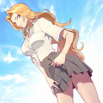 1girl bleach blue_eyes breasts cleavage commentary_request dutch_angle jewelry large_breasts long_hair matsumoto_rangiku miniskirt necklace nigatsumikka orange_hair partially_unbuttoned pink_lips pleated_skirt profile school_uniform skirt smile solo very_long_hair wavy_hair