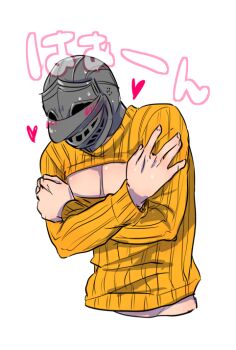 1boy commentary_request demon&#039;s_souls heart helm helmet long_sleeves male_focus open-chest_sweater orange_sweater pectoral_cleavage pectorals simple_background slayer_of_demons solo suou_yuuchi sweater upper_body white_background