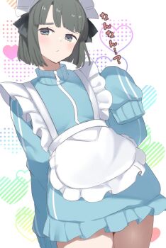 Rule 34 | 1girl, :/, alternate costume, apron, black hair, blue dress, closed mouth, commentary request, cowboy shot, dress, frilled apron, frilled dress, frills, heart, heart background, highres, jersey maid, link! like! love live!, long sleeves, looking at viewer, love live!, maid, maid headdress, momose ginko, rainbow background, short dress, sleeves past fingers, sleeves past wrists, solo, soyo1558686, standing, unconventional maid, virtual youtuber, waist apron